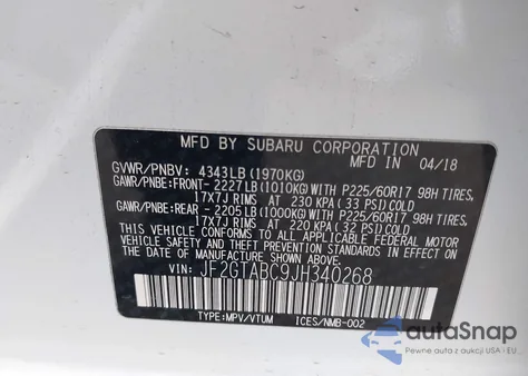 2018 Subaru Crosstrek 2.0I Premium z USA, uszkodzony, nr VIN JF2GTABC9JH340268